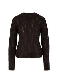 Ciemnobrązowy sweter dzianinowy z okrągłym dekoltem, z teksturowanymi wzorami oraz prążkowanymi mankietami i dołem. Wykonany z miękkiej mieszanki włóczki.
