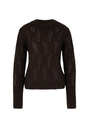 Pull en maille marron foncé avec un col rond, présentant des motifs texturés et des poignets et un ourlet côtelés. Fabriqué à partir d'un mélange de fils doux.