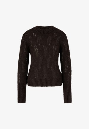 Pull en maille marron foncé avec un col rond, présentant des motifs texturés et des poignets et un ourlet côtelés. Fabriqué à partir d'un mélange de fils doux.