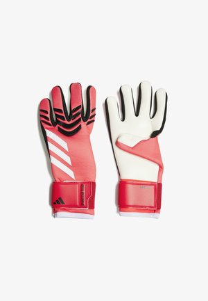 Rote Torwarthandschuhe mit weißen Akzentstreifen und schwarzem Besatz. Mit strukturiertem Griff an den Fingern und einem sicheren Handgelenkband.