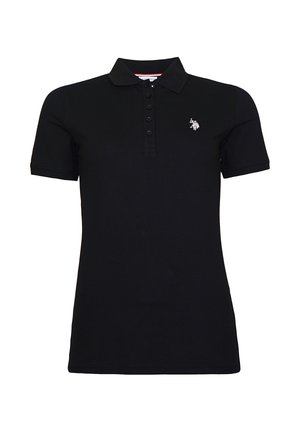 Čierne polo s krátkym rukávom, s gombíkovou légou a malou bielou výšivkou loga na ľavej strane hrudníka.
