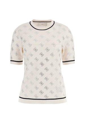 Pull en crème à manches courtes avec un motif de tricot texturé, arborant un design de logo répété, avec des accents côtelés navy sur le col et l'ourlet.