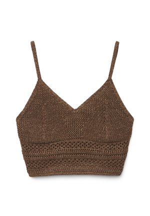 Top corto marrone lavorato a maglia con sottili spalline, scollatura a V e motivo intrecciato a trama aperta lungo la fascia inferiore.