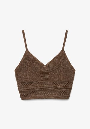 Top corto marrone lavorato a maglia con sottili spalline, scollatura a V e motivo intrecciato a trama aperta lungo la fascia inferiore.