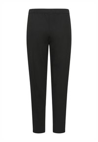 Black, slim-fit pants with an elastic waistband, made from a smooth, stretchy fabric. No visible pockets or embellishments.