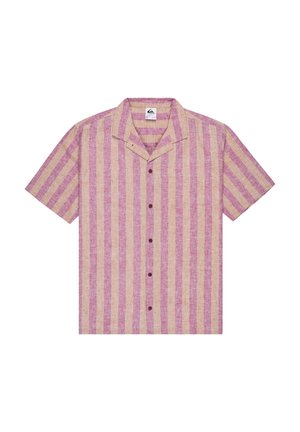 Chemise à manches courtes à boutons avec rayures verticales roses et beiges et un col style camp.