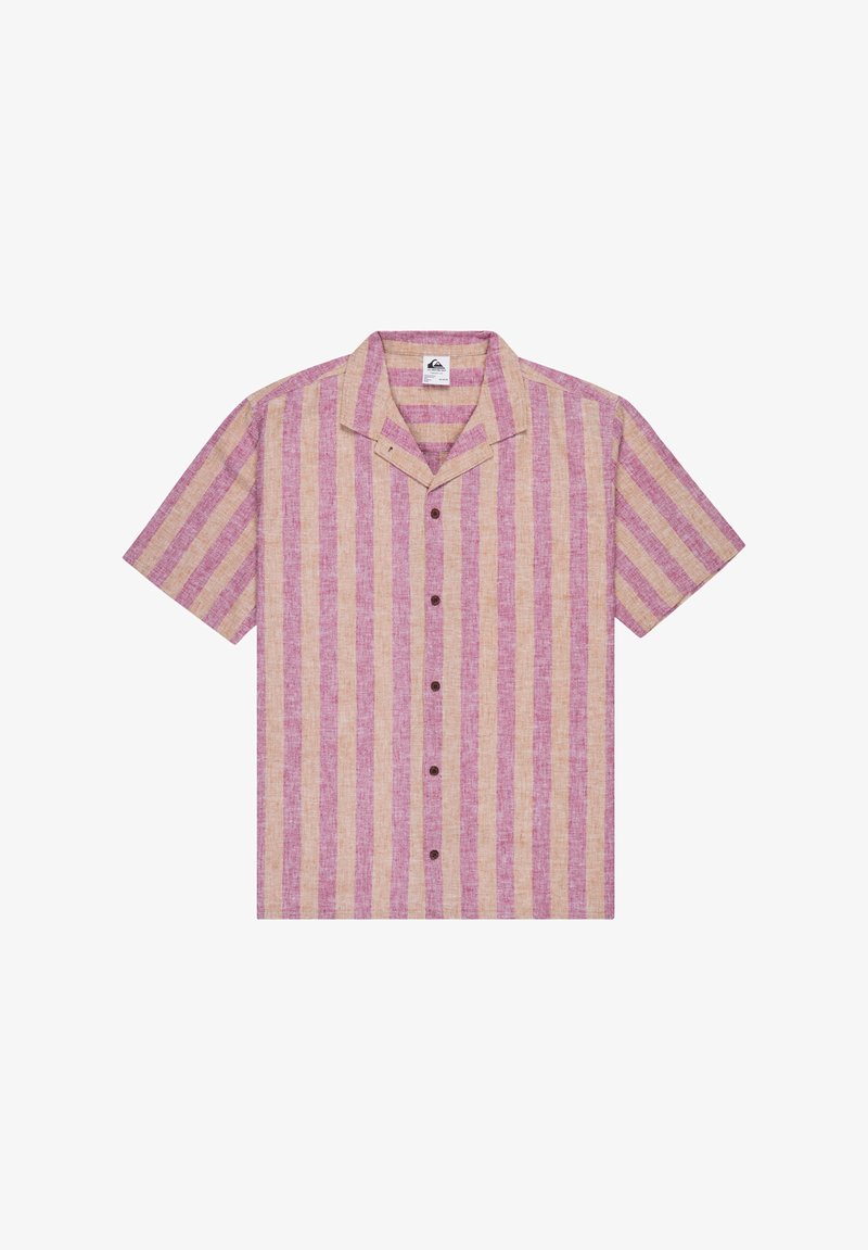 Chemise à manches courtes à boutons avec rayures verticales roses et beiges et un col style camp.