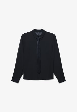 Schwarzes Langarmhemd mit Kragen, ausgestattet mit einer satinartigen schwarzen Krawatte, aus leichtem Stoff, gerader Schnitt und Knopfleiste vorne.