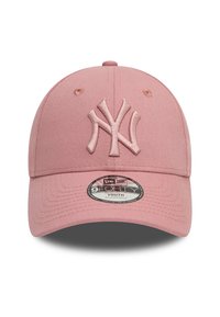 Roze jeugdpet van een katoenmix stof, met een geborduurd NY-logo, gebogen klep en verstelbare band. 9FORTY-stijl.