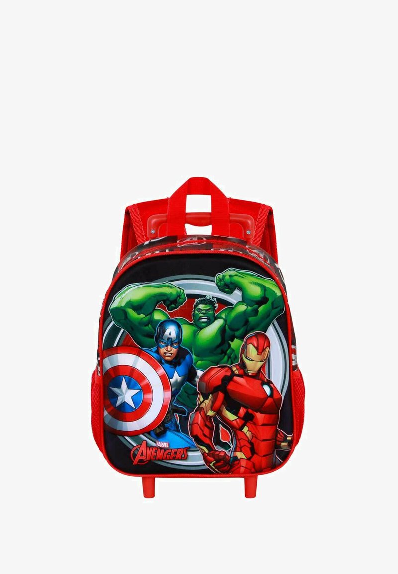 Mochila roja con personajes de Marvel Avengers: Hulk, Capitán América y Iron Man. Material duradero con impresiones gráficas y correas acolchadas.
