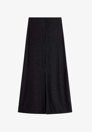 Sort midi-nederdel med en frontcenter slids og en lige, let A-formet silhuet.