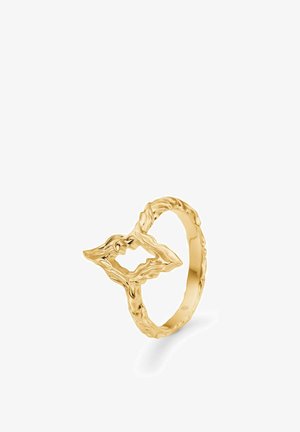 Anillo de oro con una banda orgánica y texturizada y un diseño en forma de hoja con una forma abierta en la parte superior. Acabado liso y pulido.