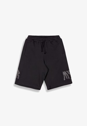 Zwarte shorts van zacht materiaal, met een elastische tailleband, zijzakken en een onderscheidend ontwerp met witte strass-accenten op één pijp.