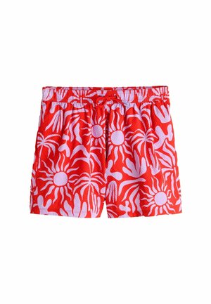 Rote Badeshorts mit weißen abstrakten Sonnen- und Handmustern, elastischem Bund und rotem Kordelzug vorne.