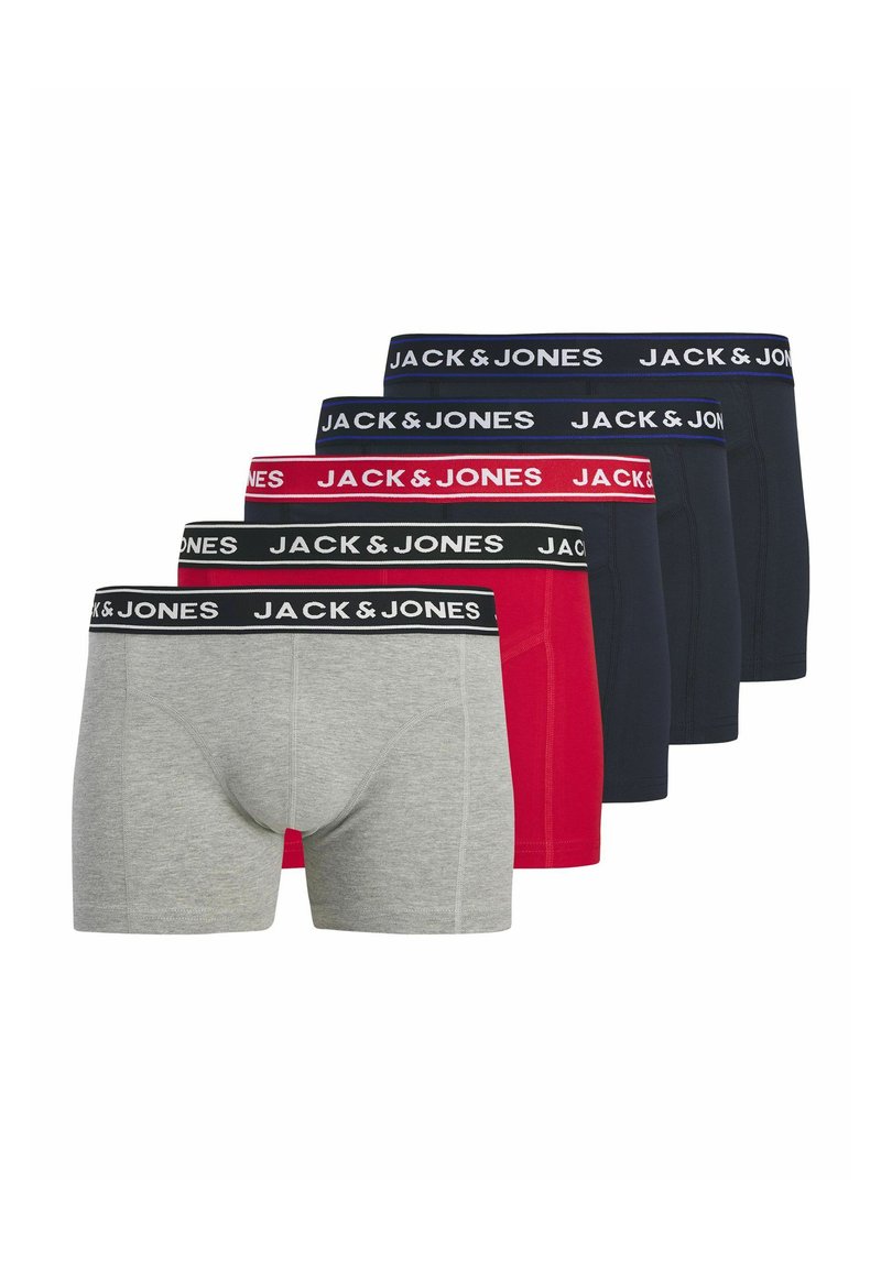 Jack & Jones boxers i fem-pak; inkluderer grå, rød og marineblå farver. Hver har elastisk taljebånd med mærkelogo.