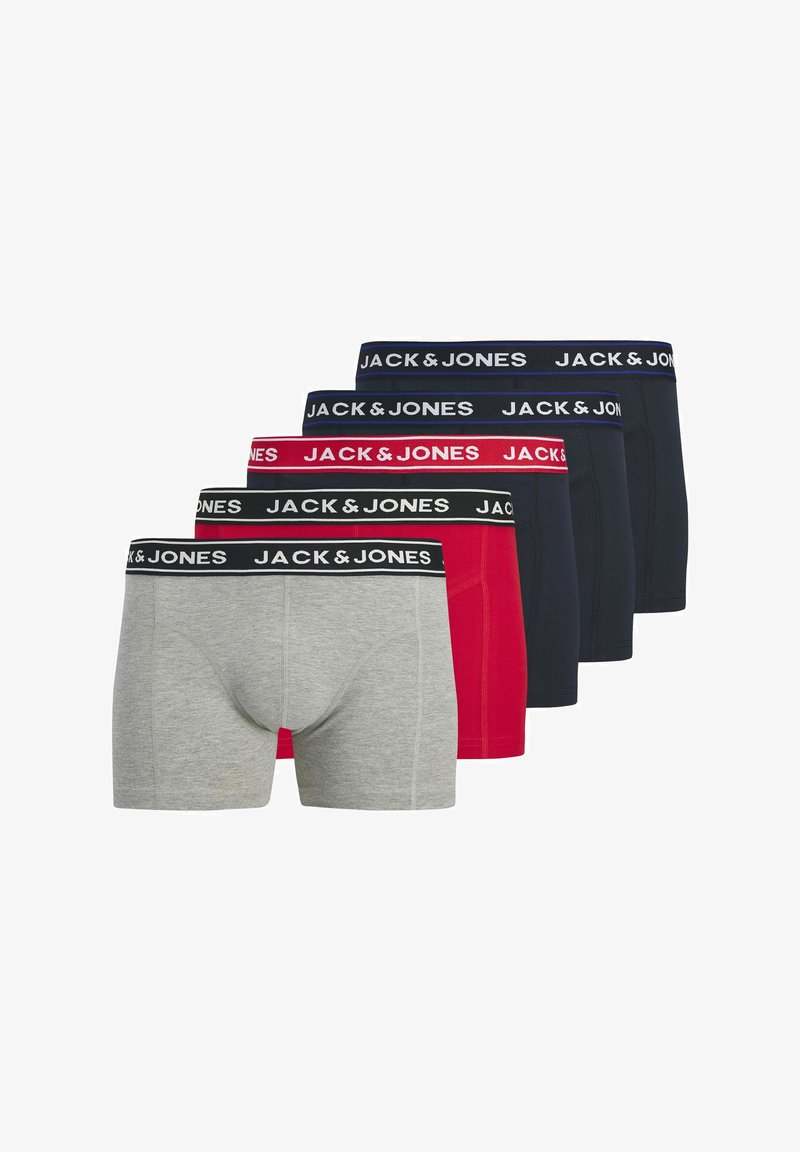 Jack & Jones boxers i fem-pak; inkluderer grå, rød og marineblå farver. Hver har elastisk taljebånd med mærkelogo.