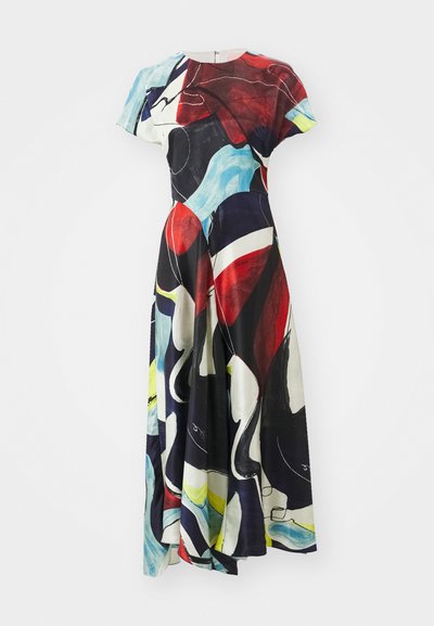 Rochie maxi dintr-un material ușor, având un model abstract multicolor, cu roșu, albastru, alb și negru. Mâneci scurte și un corsaj ajustat.