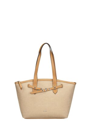 Sac fourre-tout tissé beige avec poignées en cuir tan et bandoulière décorative, fermeture éclair et logo métallique subtil au centre avant.