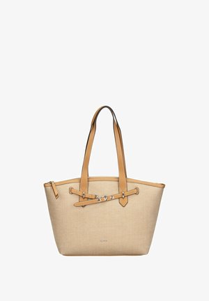 Sac fourre-tout tissé beige avec poignées en cuir tan et bandoulière décorative, fermeture éclair et logo métallique subtil au centre avant.