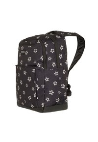 Mochila negra con estampado floral blanco, compartimentos con doble cremallera, bolsillo frontal y correas de hombro acolchadas.