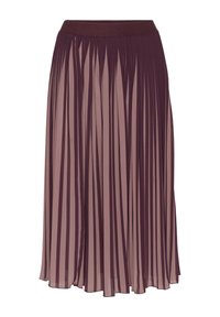 Gonna plissettata in malva scuro e malva chiaro, con una ampia fascia elastica in vita. Presenta pieghe verticali e un tessuto leggero e fluido.