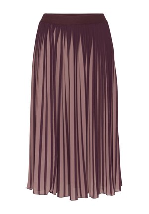 Plisovaná sukně ve tmavě mauve a světle mauve, s širokým elastickým pasem. Obsahuje vertikální sklady a lehkou, splývavou tkaninu.