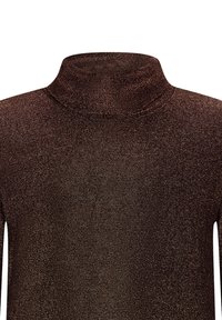 Brauner Rollkragenpullover mit glitzerndem, strukturiertem Finish. Lange Ärmel, figurbetontes Design. Der Stoff wirkt dehnbar mit einem subtilen Schimmer.