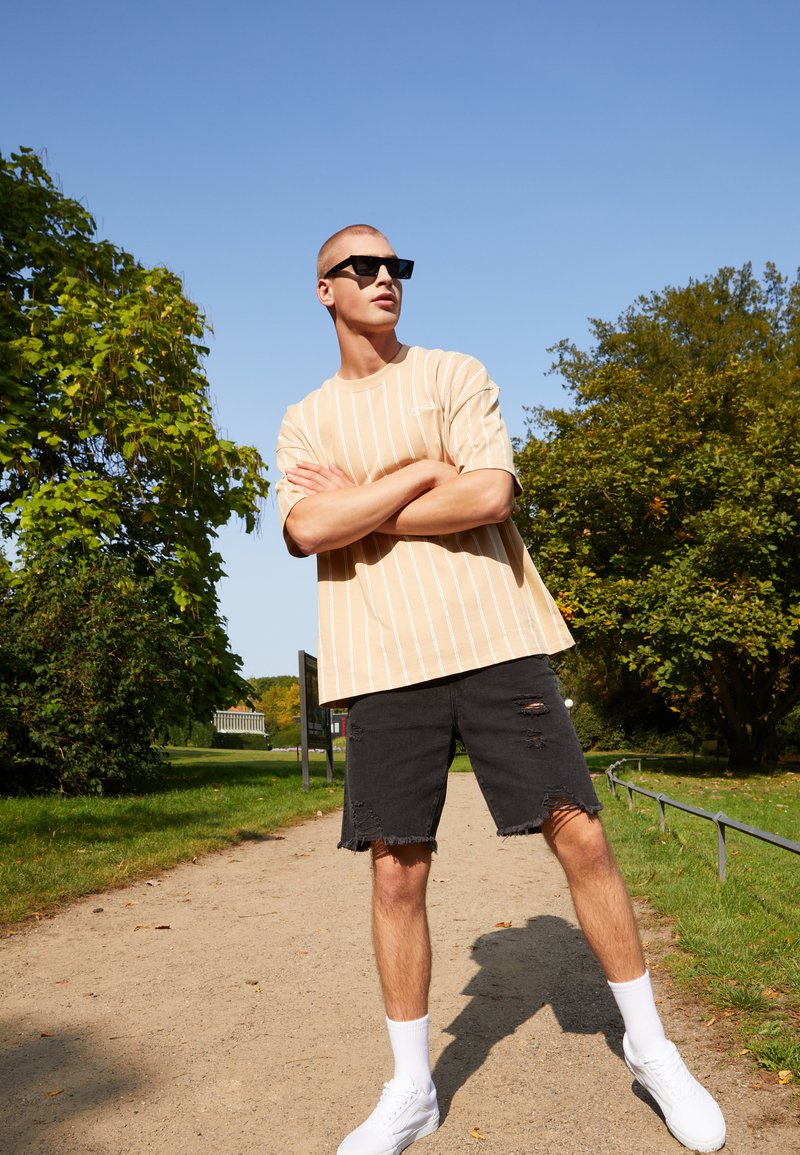 Karl Kani CHEST SIGNATURE BOXY PINSTRIPE TEE - Triko s potiskem - sand/white