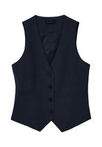 Marineblaue ärmellose Weste mit einem Reverskragen, fünf schwarzen Knöpfen, zwei seitlichen Taschen und einem glatten Innenfutter. Schmal geschnittenes Design.