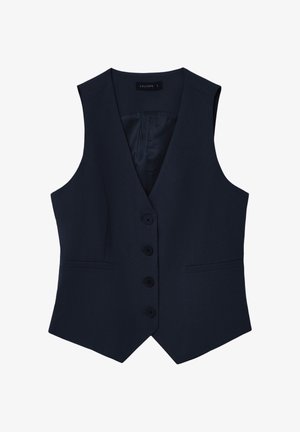 Marineblaue ärmellose Weste mit einem Reverskragen, fünf schwarzen Knöpfen, zwei seitlichen Taschen und einem glatten Innenfutter. Schmal geschnittenes Design.