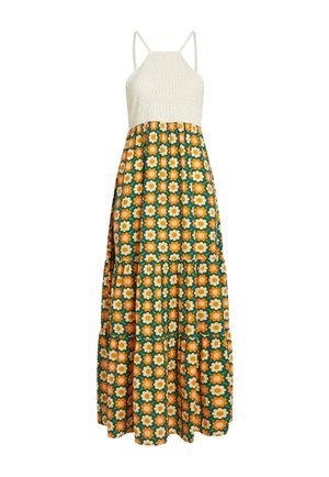 Balta nėrimo verpimo viršutinė su pakopiniu sijonu, puošta žaliais, oranžiniais ir kreminės spalvos gėlių raštais bei plonomis petnešėlėmis.