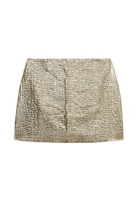 Minifalda metálica dorada con una superficie texturizada y un patrón arrugado, de corte recto y sin hardware ni acentos visibles.