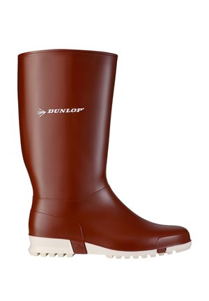Brown Dunlop rubber boot with white sole, mid-calf height, designed for outdoor or wet conditions, side view on white background.