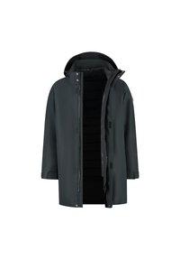 Donkergrijze winterjas met capuchon, voorzien van een rits en drukknoopsluiting, gedeeltelijk open om de zwarte gewatteerde binnenvoering te tonen.