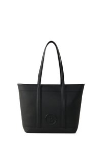 Sac fourre-tout en cuir noir avec une surface texturée, un fond plat, deux longues poignées et un logo circulaire embossé à l'avant.