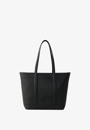 Sac fourre-tout en cuir noir avec une surface texturée, un fond plat, deux longues poignées et un logo circulaire embossé à l'avant.