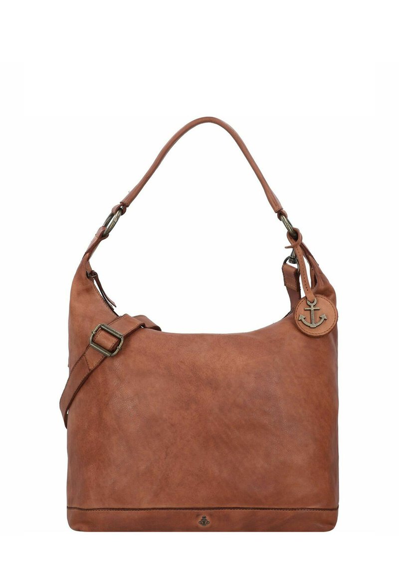Sac à épaule en cuir marron avec une texture lisse, une bandoulière réglable et un détail charmant en forme d'ancre. Design classique et polyvalent.