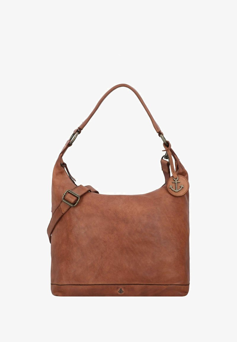 Sac à épaule en cuir marron avec une texture lisse, une bandoulière réglable et un détail charmant en forme d'ancre. Design classique et polyvalent.