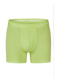 Grüne Boxershorts aus weichem Stoff, mit enger Passform, elastischem Bund mit dem Text "HAPPY SHORTS" und einem klassischen Design.