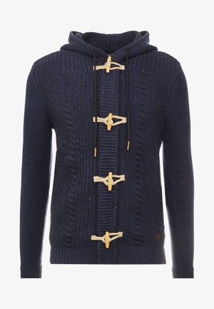 Marineblauer Strickkapuzen-Cardigan mit Knebelverschlüssen und Kordelzügen, ausgestattet mit einem Zopfmuster sowie gerippten Bündchen und Saum.