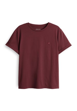 Burgundy short-sleeve T-shirt made of smooth fabric, featuring a small heart emblem on the left chest area, relaxed fit and crew neckline.