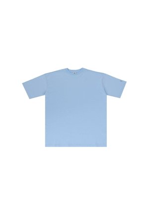 T-shirt en coton bleu clair, à manches courtes, encolure ronde, coupe décontractée, sans motifs ni graphiques visibles.