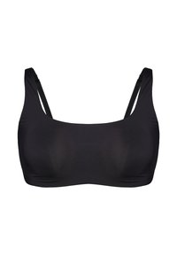 Čierna športová podprsenka bez švov s tenkými nastaviteľnými ramienkami a hranatým výstrihom.