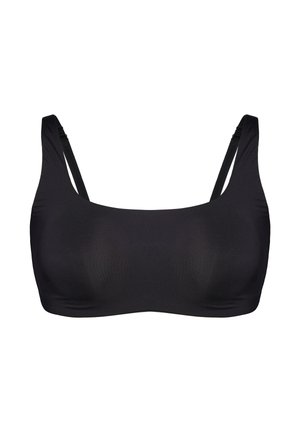 Čierna športová podprsenka bez švov s tenkými nastaviteľnými ramienkami a hranatým výstrihom.