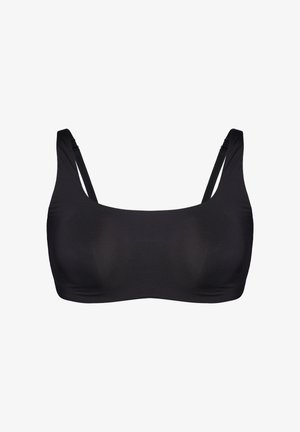 Czarny sportowy biustonosz bezszwowy z cienkimi regulowanymi ramiączkami i kwadratowym dekoltem.