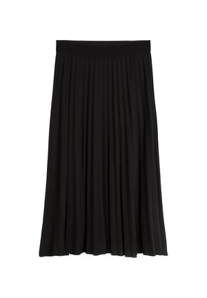 Black pleated skirt with an elastic waistband, falling to mid-calf length, showcasing a smooth fabric texture and flowing design.