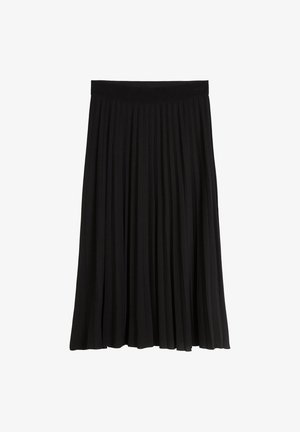Black pleated skirt with an elastic waistband, falling to mid-calf length, showcasing a smooth fabric texture and flowing design.