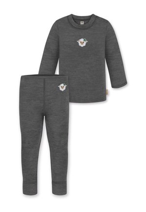 Gray long-sleeve top and matching leggings, both with a soft texture. Features a sheep-appliqué with decorative accents on each piece.