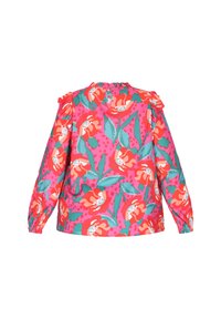 Színes virágmintás dzseki fodros nyakkal, hosszú ujjú, rugalmas mandzsettával és élénk rózsaszín alapjával, amelyen zöld levelek és piros virágok találhatók.