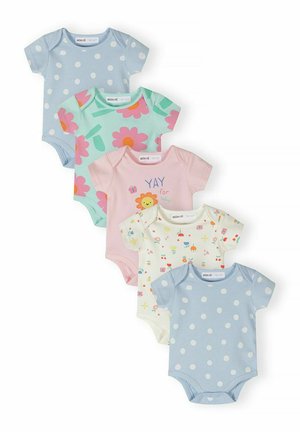 Päť krátkych rukávov dojčenských body so vzormi, vrátane modrých a bielych bodiek, ružových kvetín a kvetinových potlačí.